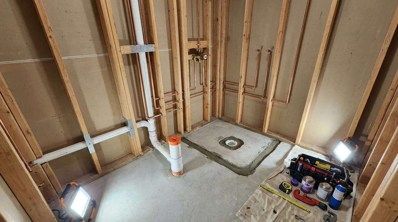 Bathroom rough-in plumbing during remodel by Johns Plumbing LLC in Edinboro