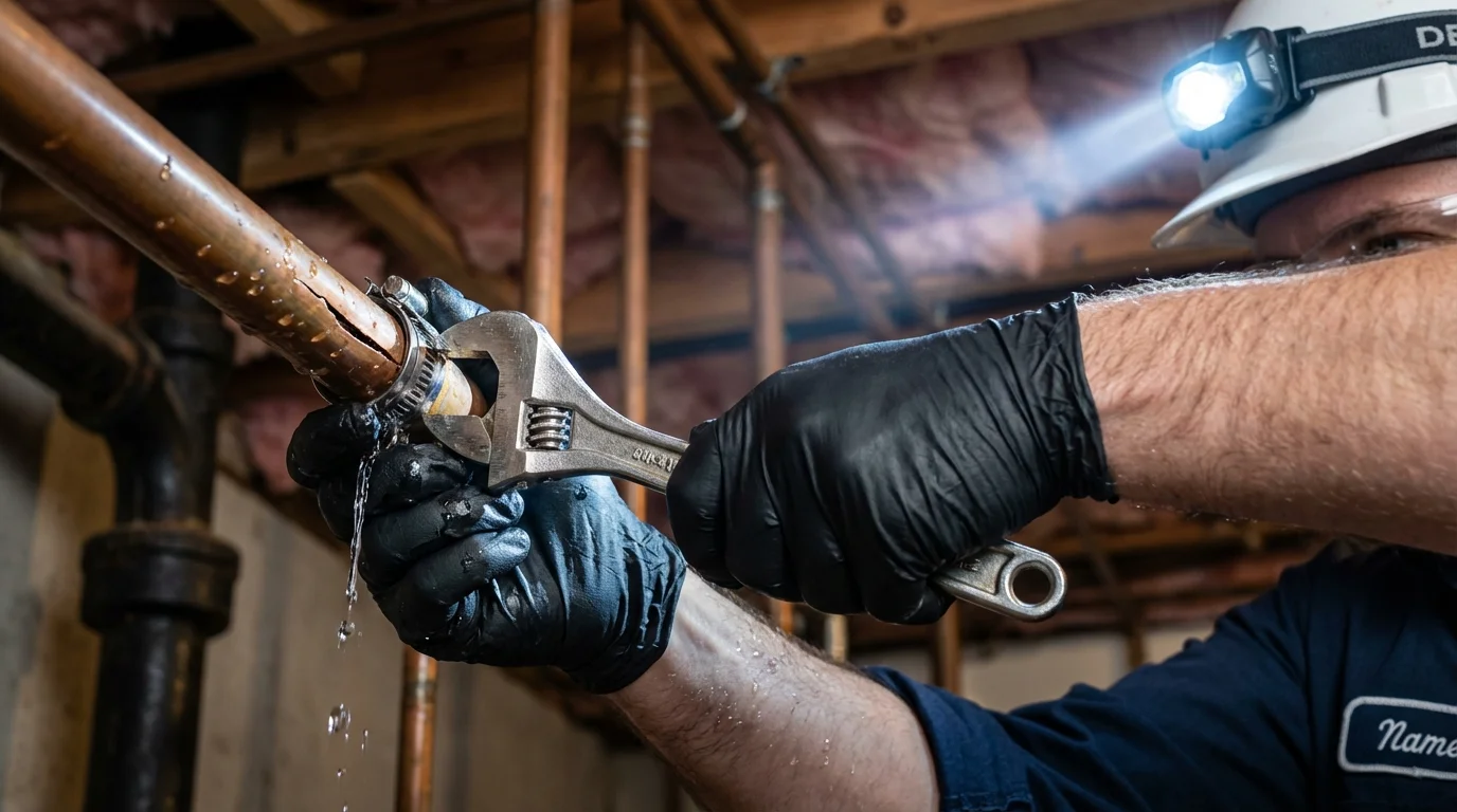 Emergency pipe clamp repair being performed by a Johns Plumbing LLC plumber in Edinboro