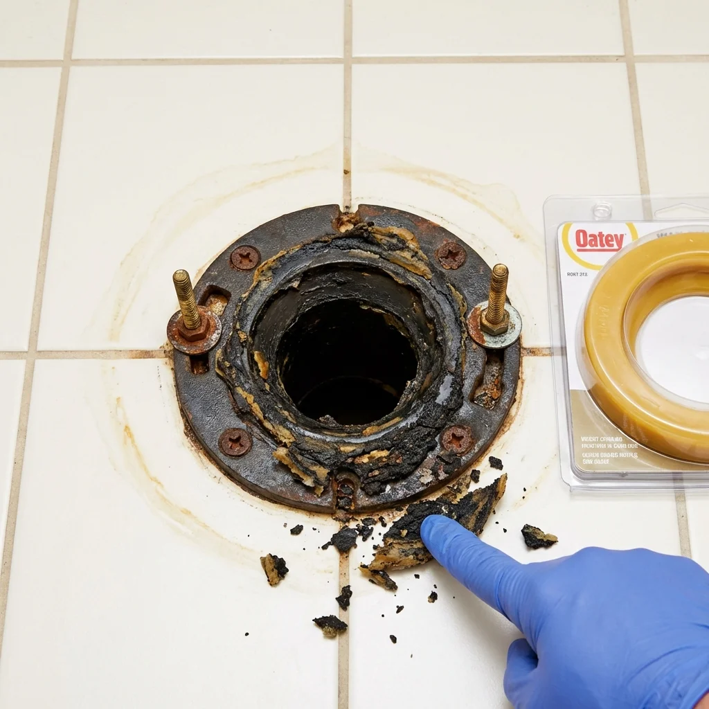 Failed wax ring showing water seepage at the base of a toilet in a Edinboro, PA home
